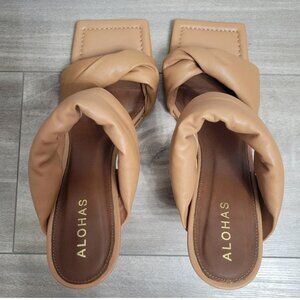 ALOHAS Twist Strap Mules Camel Leather Square Toe Heel Size 40